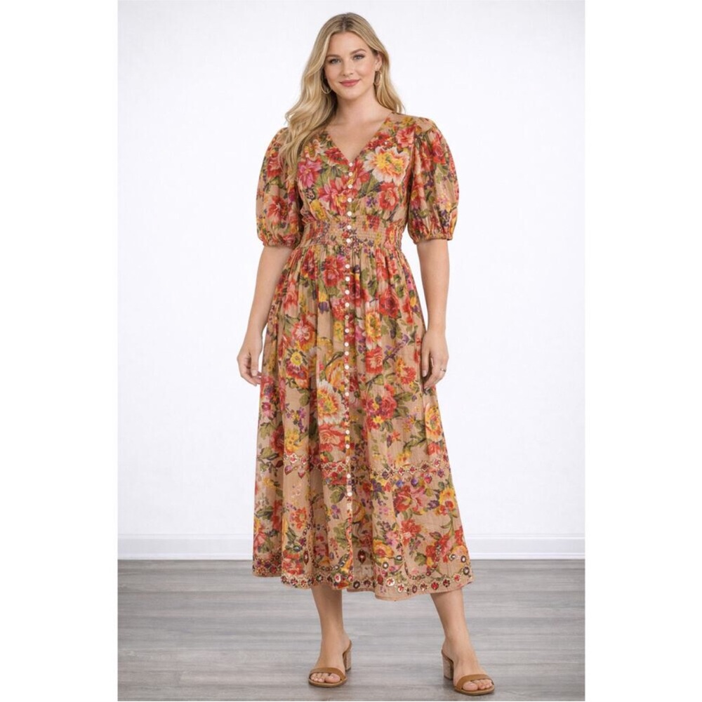 Talisman The Label Halo V Neck Puff Sleeve Valencia Floral Metallic Midi Dress